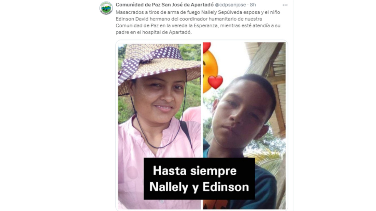 En la Comunidad de Paz en San José de Apartadó atacaron a disparos a una mujer y a un menor de edad