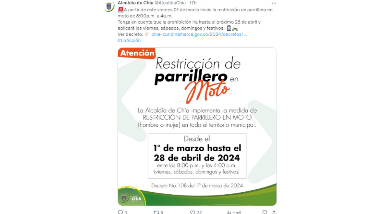 Parrillero en moto queda prohibido en Chía los fines de semana