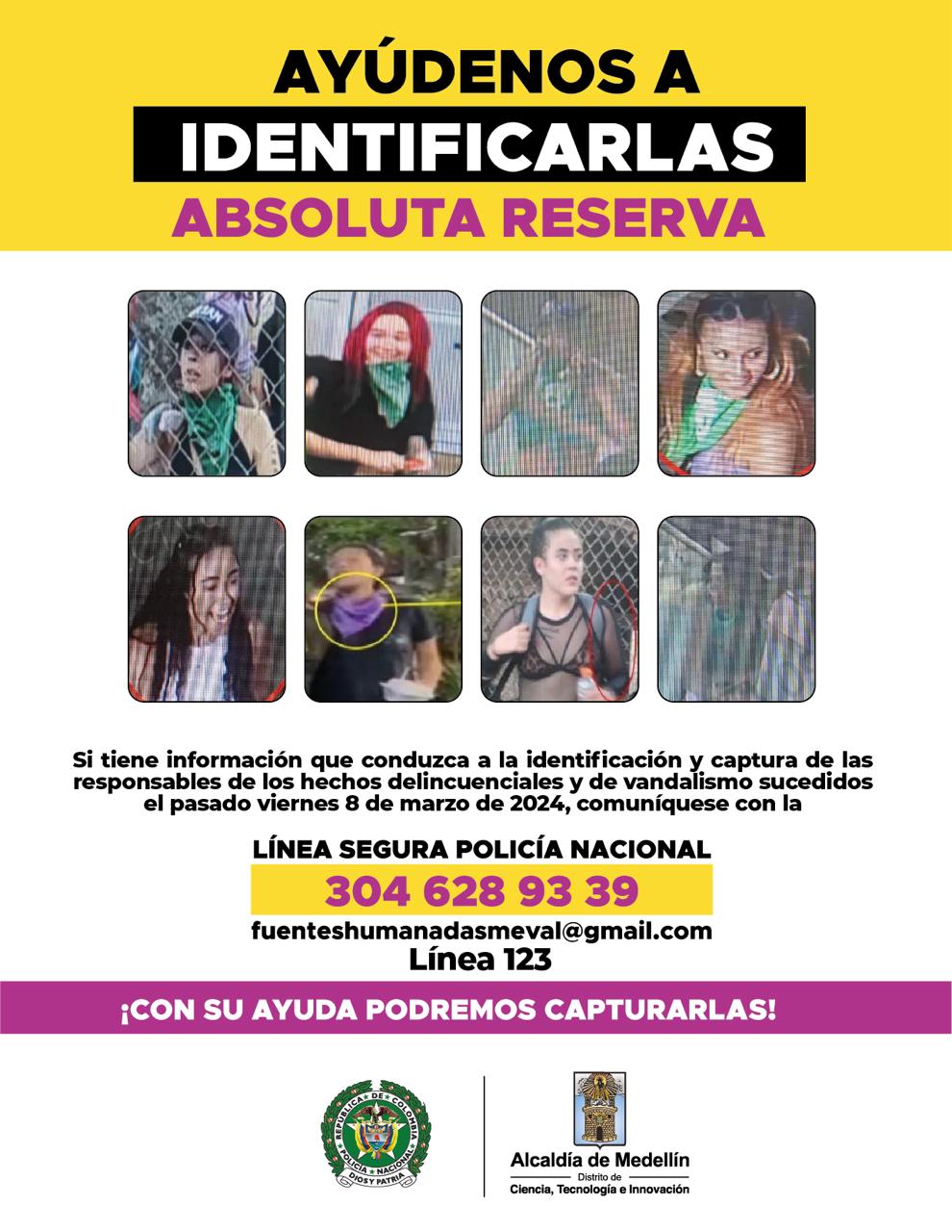 La Policía publicó cartel con 8 de las responsables de vandalismo en Medellín durante marchas del 8M