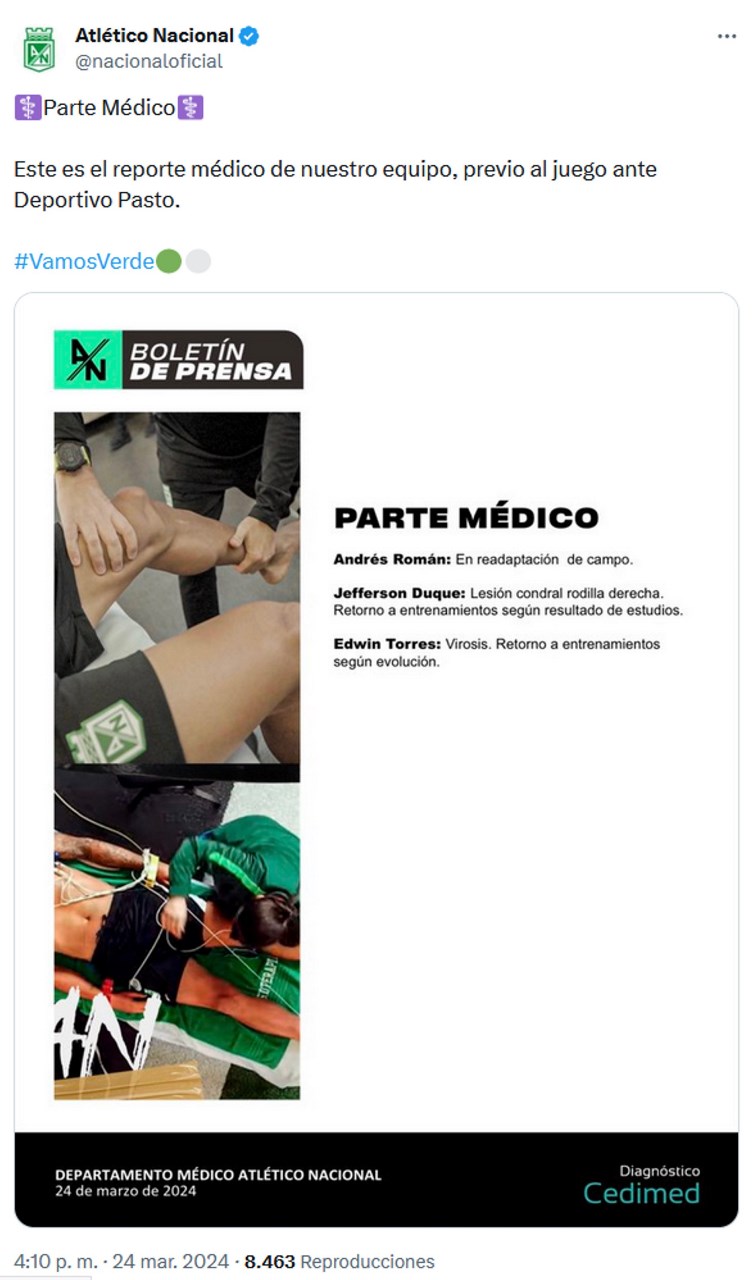 Parte Médico de Atlético Nacional sobre sus lesionados, previo a la fecha 13 de la Liga BetPlay