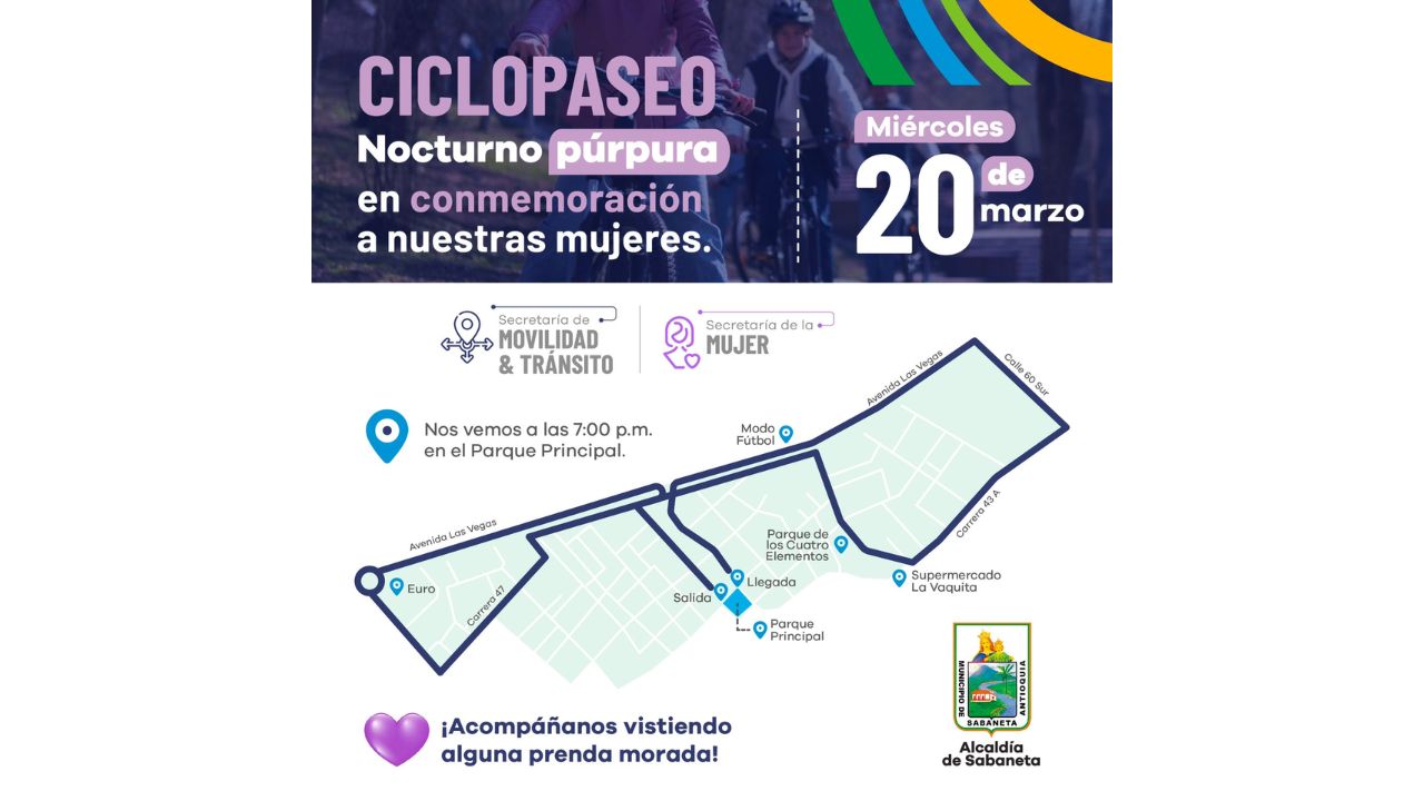 Conozca la ruta del "Ciclopaseo púrpura" en Sabaneta, un homenaje a las mujeres