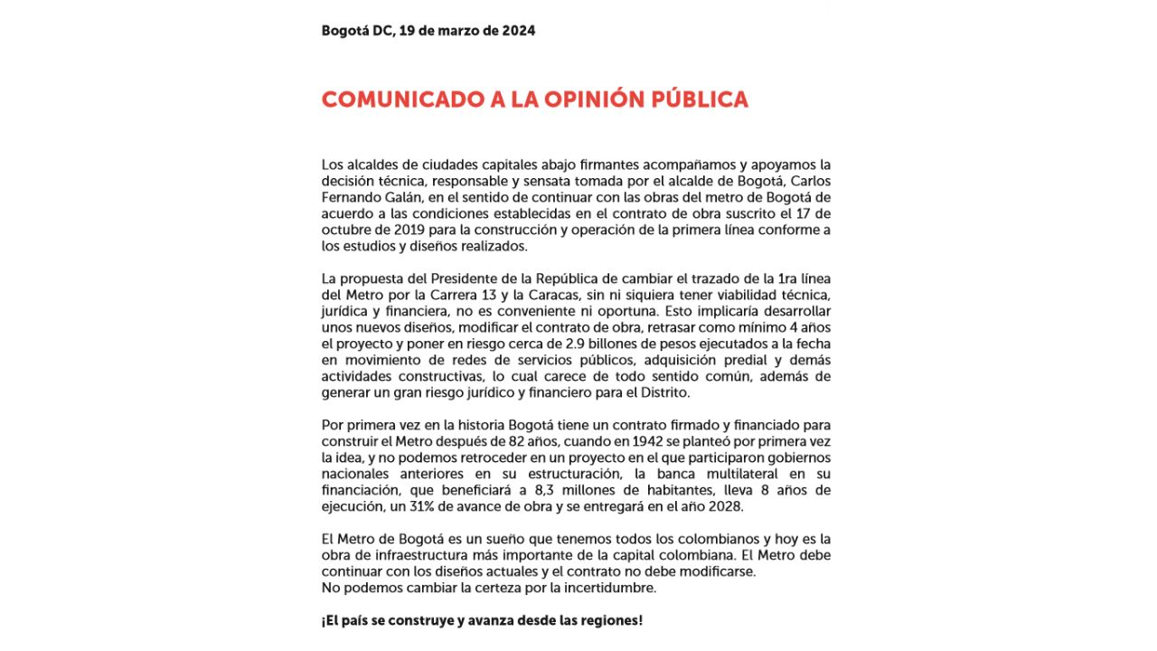Alcaldes de ciudades capitales apoyaron a Galán con las obras del metro de Bogotá, ¿Qué le dijeron a Petro?