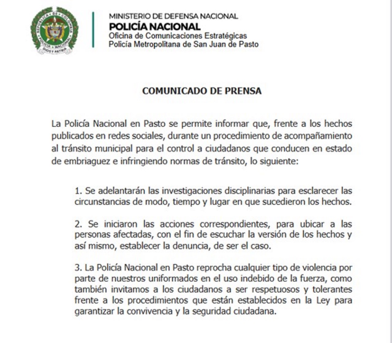 Comunicado emitido este 3 de marzo por la Policía Pasto, por lo que sería un caso de abuso de autoridad durante un operativo en la capital de Nariño