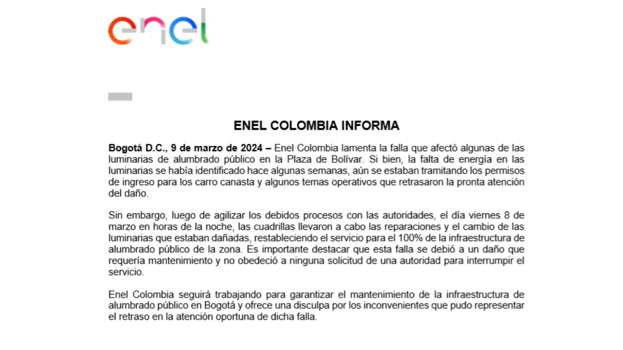 Enel Colombia soluciona falla en alumbrado público de Plaza de Bolívar y explica las causas