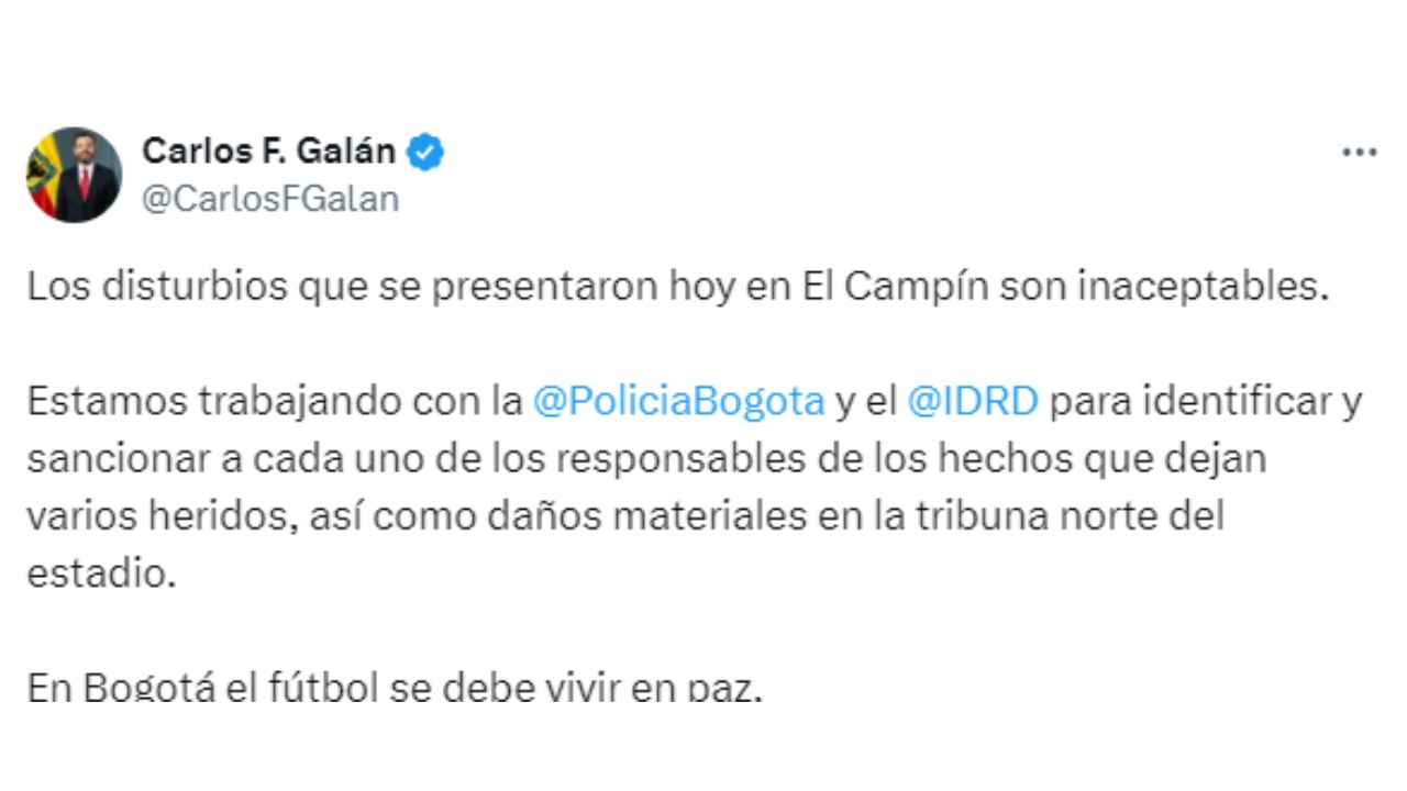 ¿Qué dijo el alcalde de Bogotá, Carlos Galán, frente a los disturbios en el Campín?