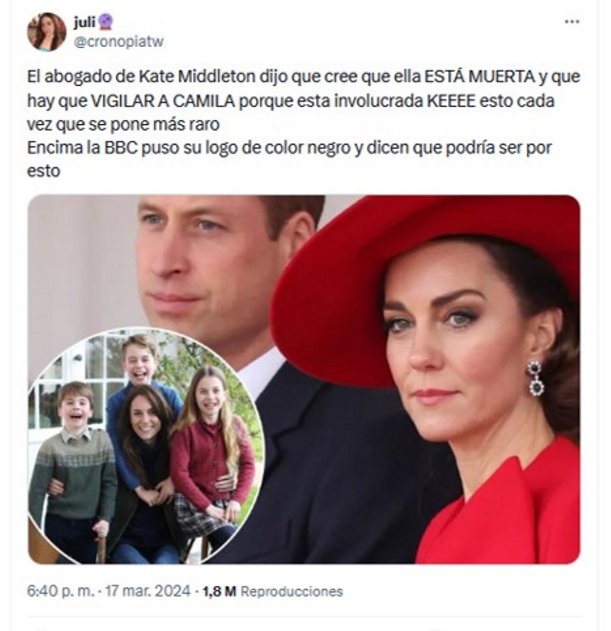 Publicación en X, este 17 de marzo sobre Kate Middleton,
