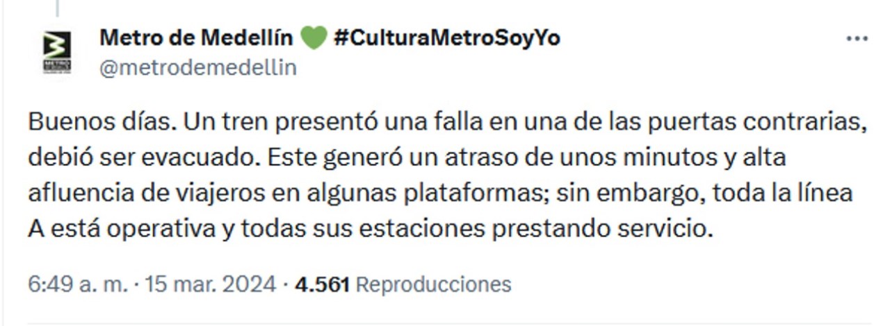 Metro de Medellín informa falla técnica en uno de los trenes en la línea A