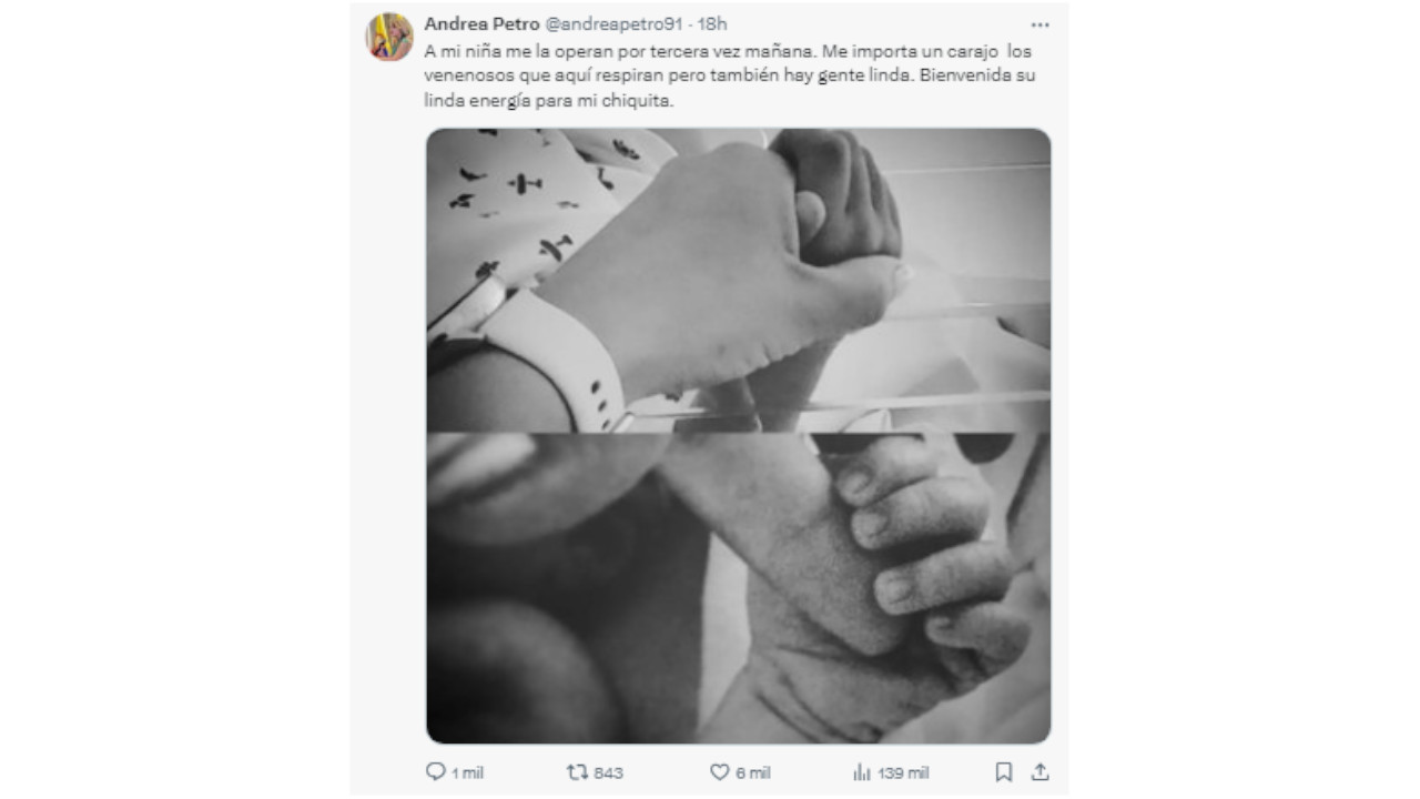 Andrea Petro anuncia que su pequeña hija tendrá nueva operación
