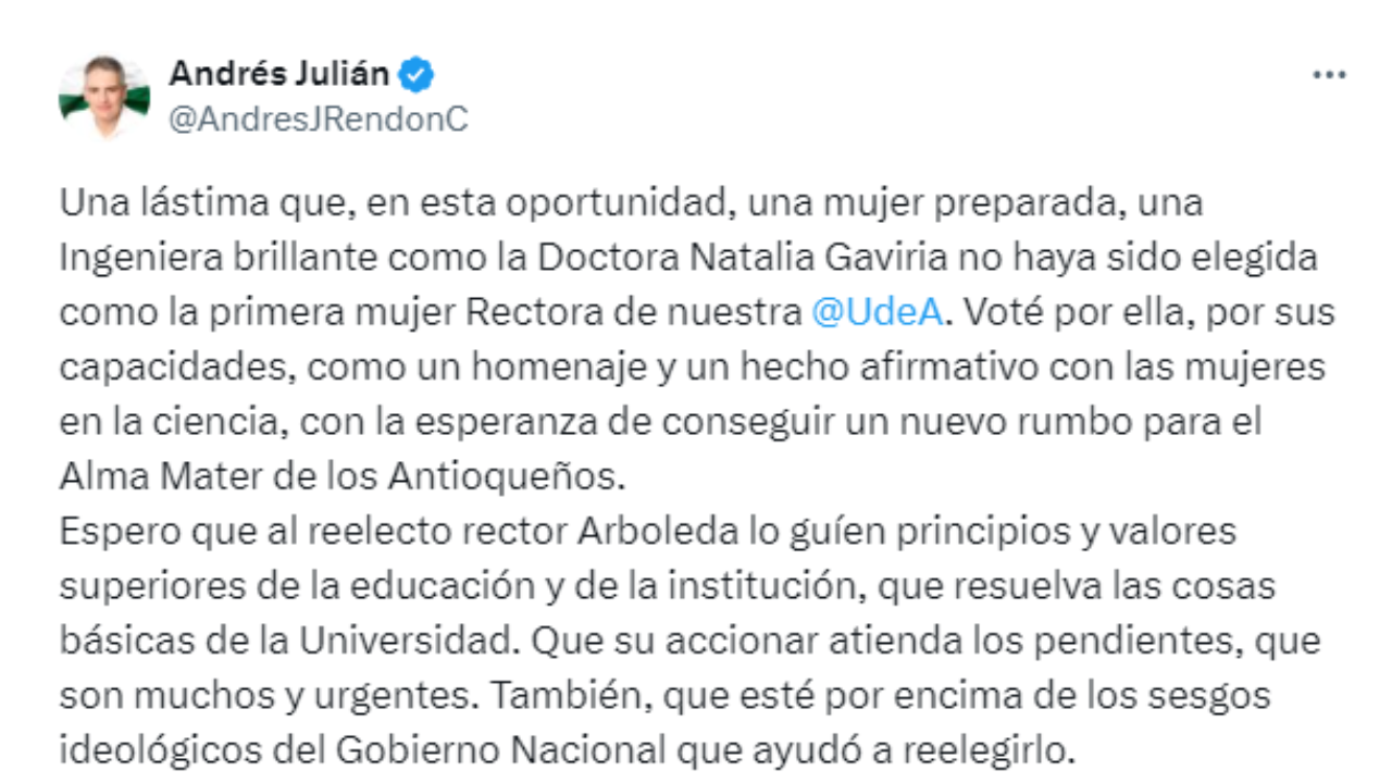 John Jairo Arboleda es reelegido por tercera vez como rector de la UdeA, el Gobernador de Antioquia se pronunció