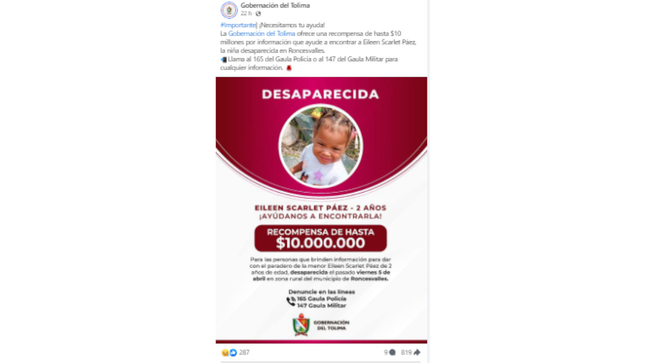 Eileen Scarlet Páez, de 2 años, desaparecida desde el 5 de abril