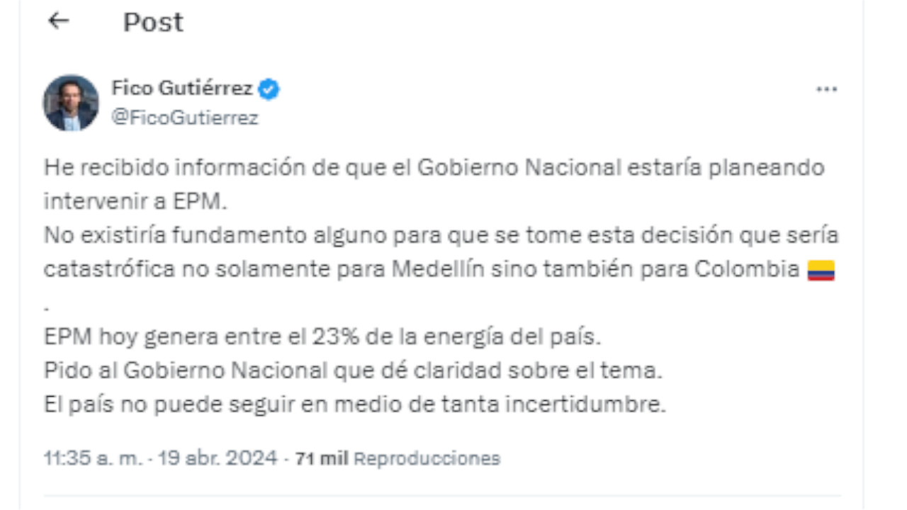 Federico Gutiérrez alertó que el Gobierno de Colombia buscaría intervenir a EPM
