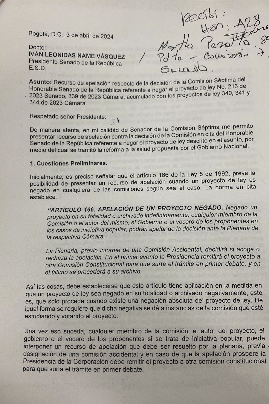 Senador Wilson Arias apeló decisión de la Comisión Séptima de hundir reforma a la Salud