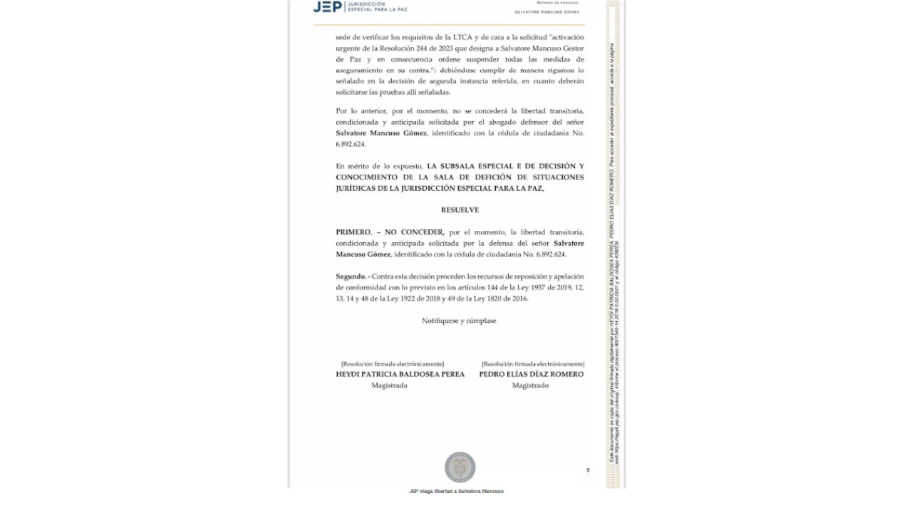 (JEP) negó la solicitud de libertad para el exjefe paramilitar Salvatore Mancuso