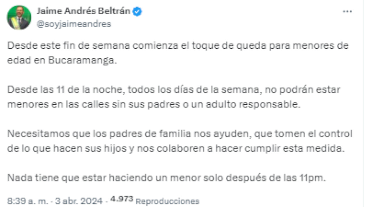Toque de queda para los menores en Bucaramanga para combatir la delincuencia