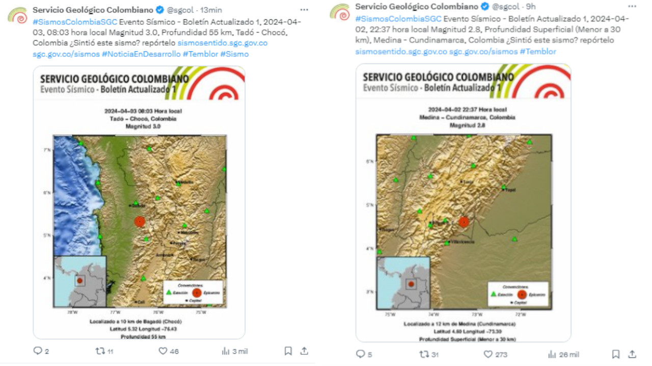 Van cuatro sismos en Colombia en menos de 24 horas