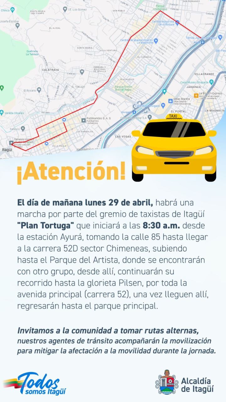 Manifestación en Itagüí por parte de taxistas, se espera afectación importante de la movilidad