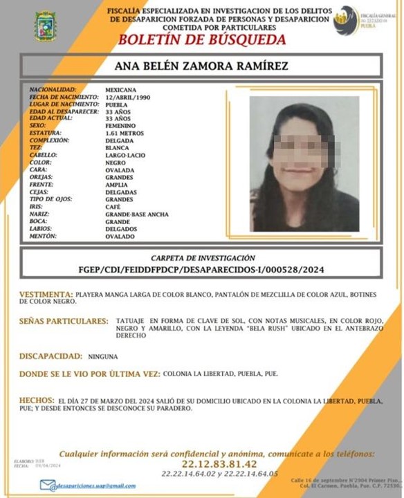 Boletín de la Fiscalía de México con la que fue reportada la desaparición de Bela Rush