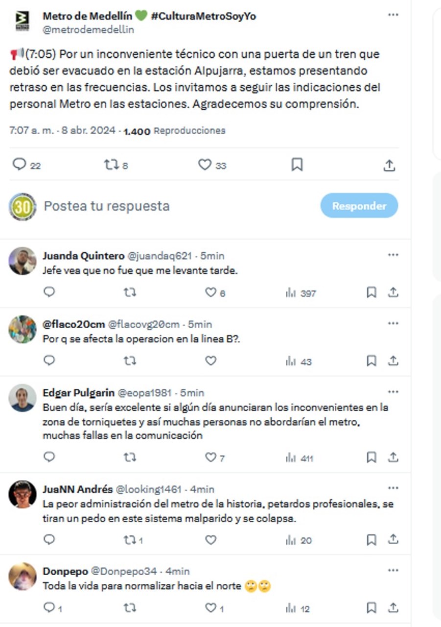 El metro informa de la novedad que se registra desde antes de las 7am, a las 7:07 am ¿por qué se demoran para avisar? se preguntan los usuarios