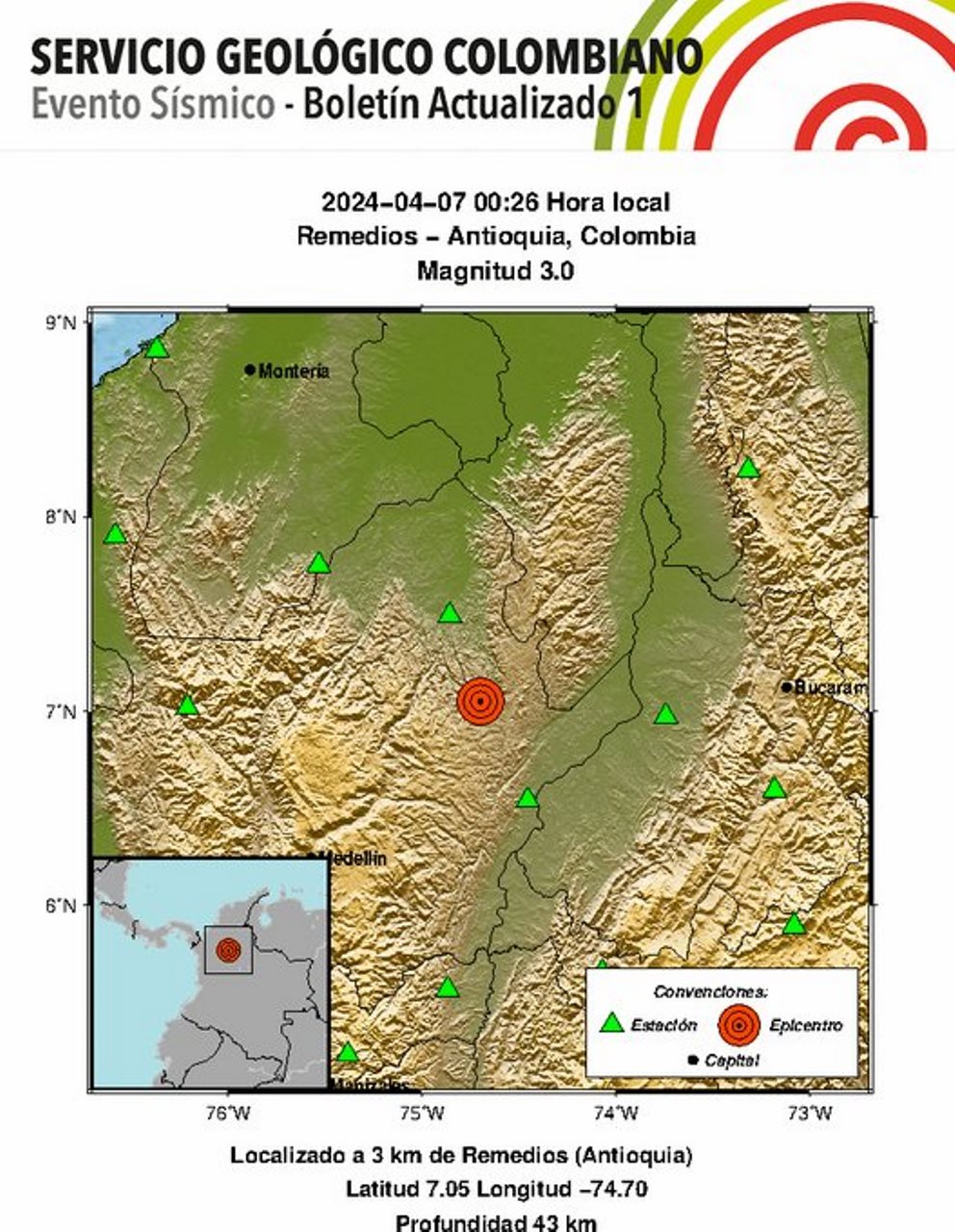 Temblor con epicentro en Remedios, Antioquia