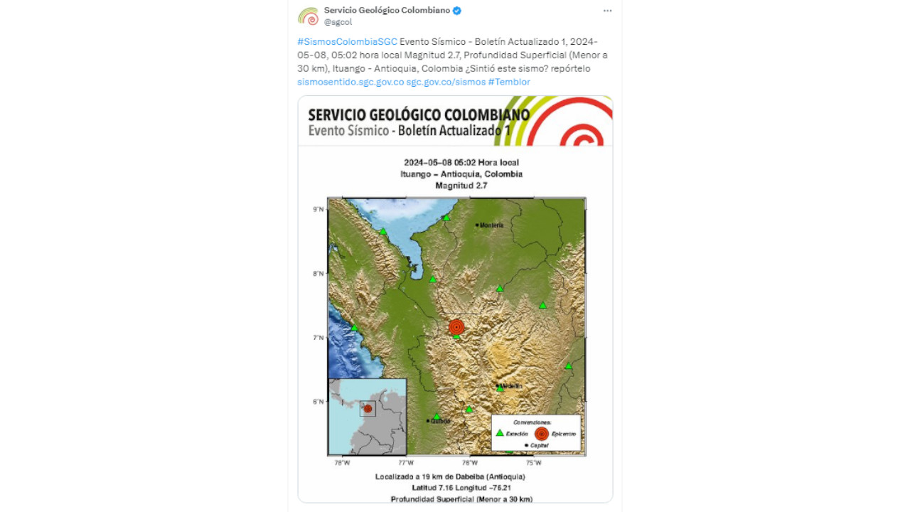 Sismo de hoy miércoles 8 de mayo en Antioquia