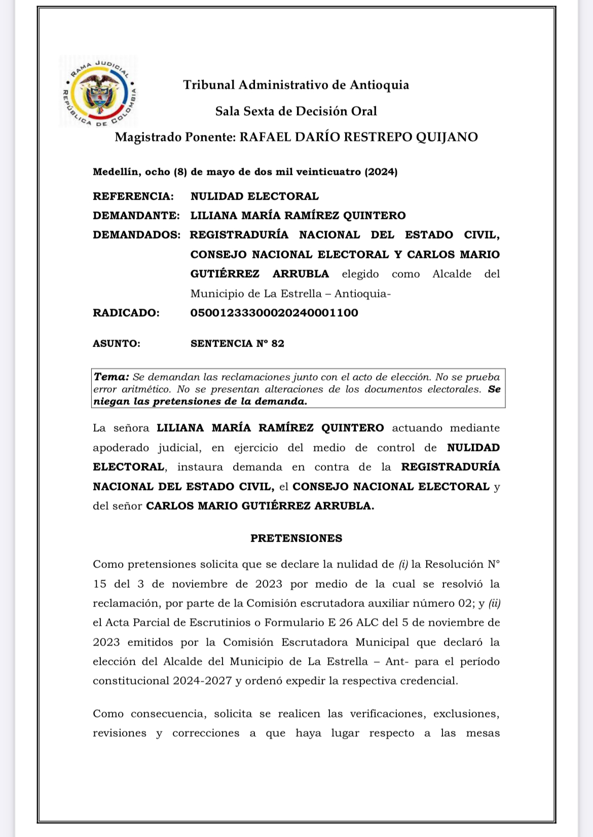 Tribunal Administrativo de Antioquia ratifica elección del Alcalde de La Estrella