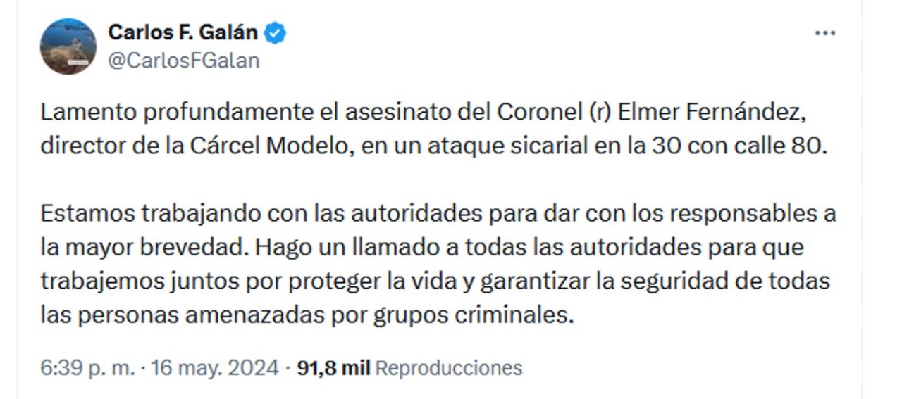 Alcalde de Bogotá rechaza crimen del director de la Cárcel Modelo 2 carlos fernando galan