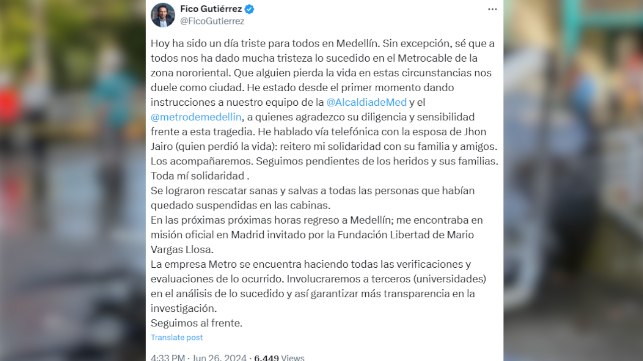 Federico Gutiérrez expresó su dolor por accidente del Metrocable