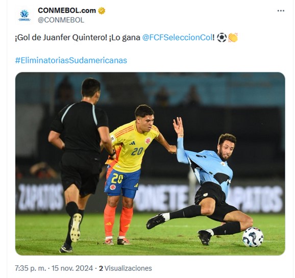 ¡GOOOOOOOOOOOOL! Quintero enciende el Centenario: golazo para la victoria parcial de Colombia 2 conmebol celebra gol quintero