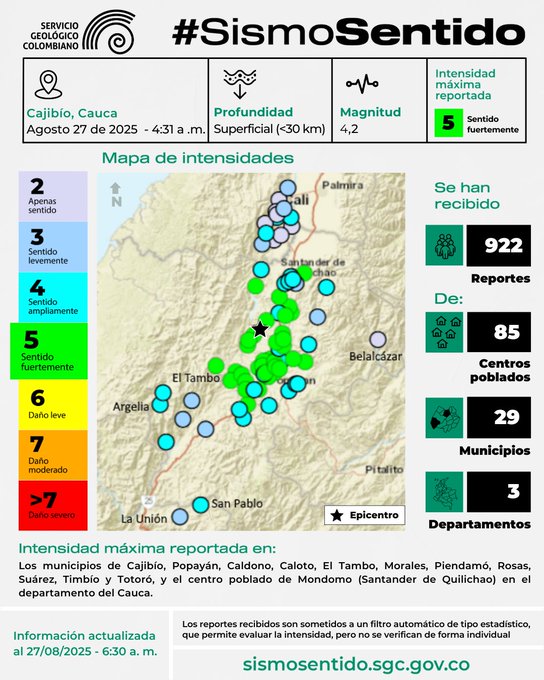 29 municipios de 3 departamentos reportan haber sentido el fuerte temblor de la madrugada