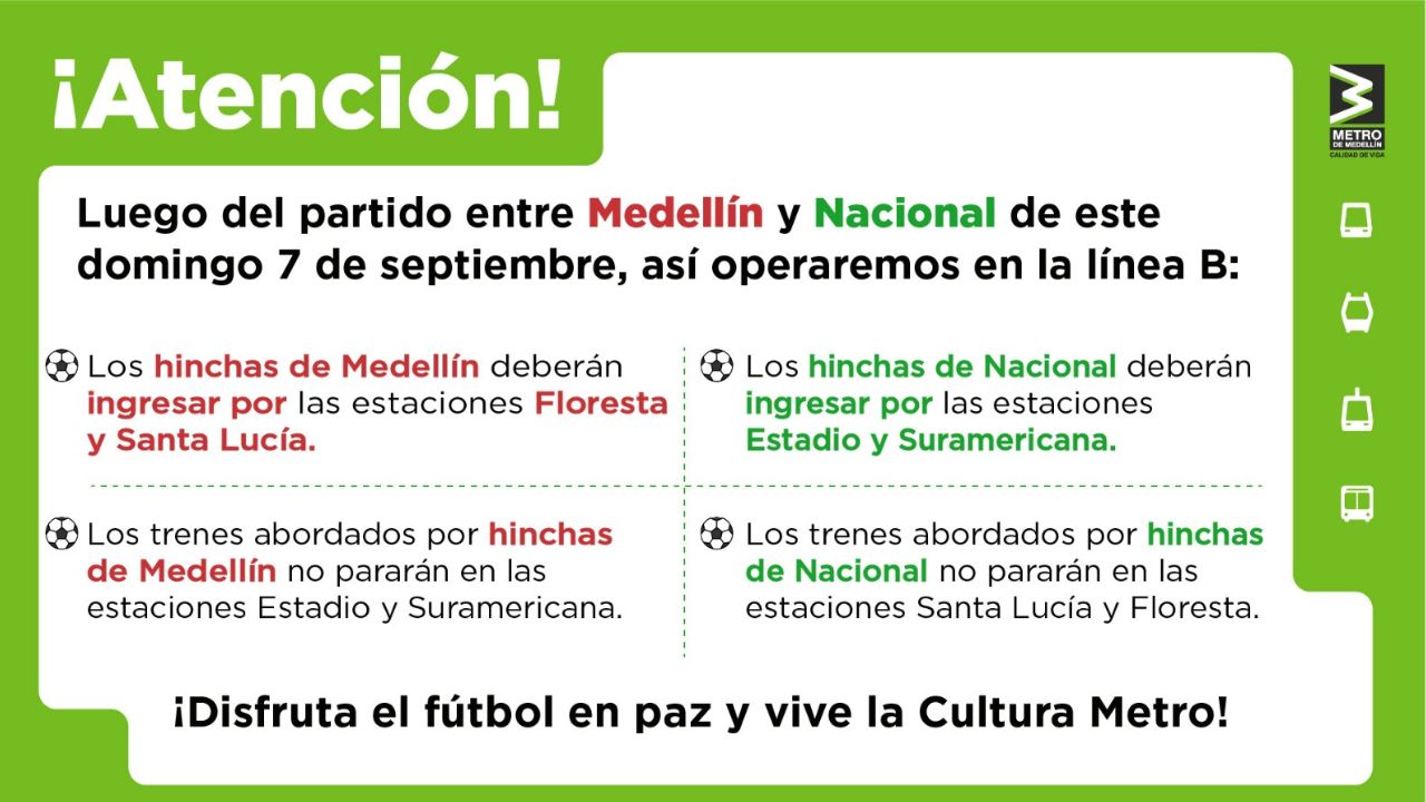 Así se moverán los hinchas de Medellín y Nacional en el Metro tras el clásico de este domingo