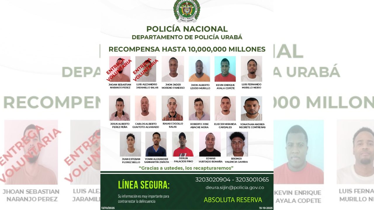 Suben la recompensa por los 17 prófugos de la cárcel de Apartadó