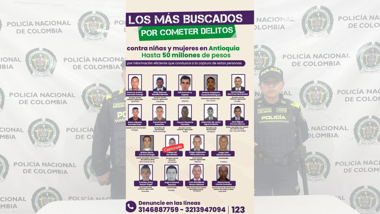 Capturan al primer hombre del cartel de los más buscados por delitos contra niñas y mujeres en Antioquia