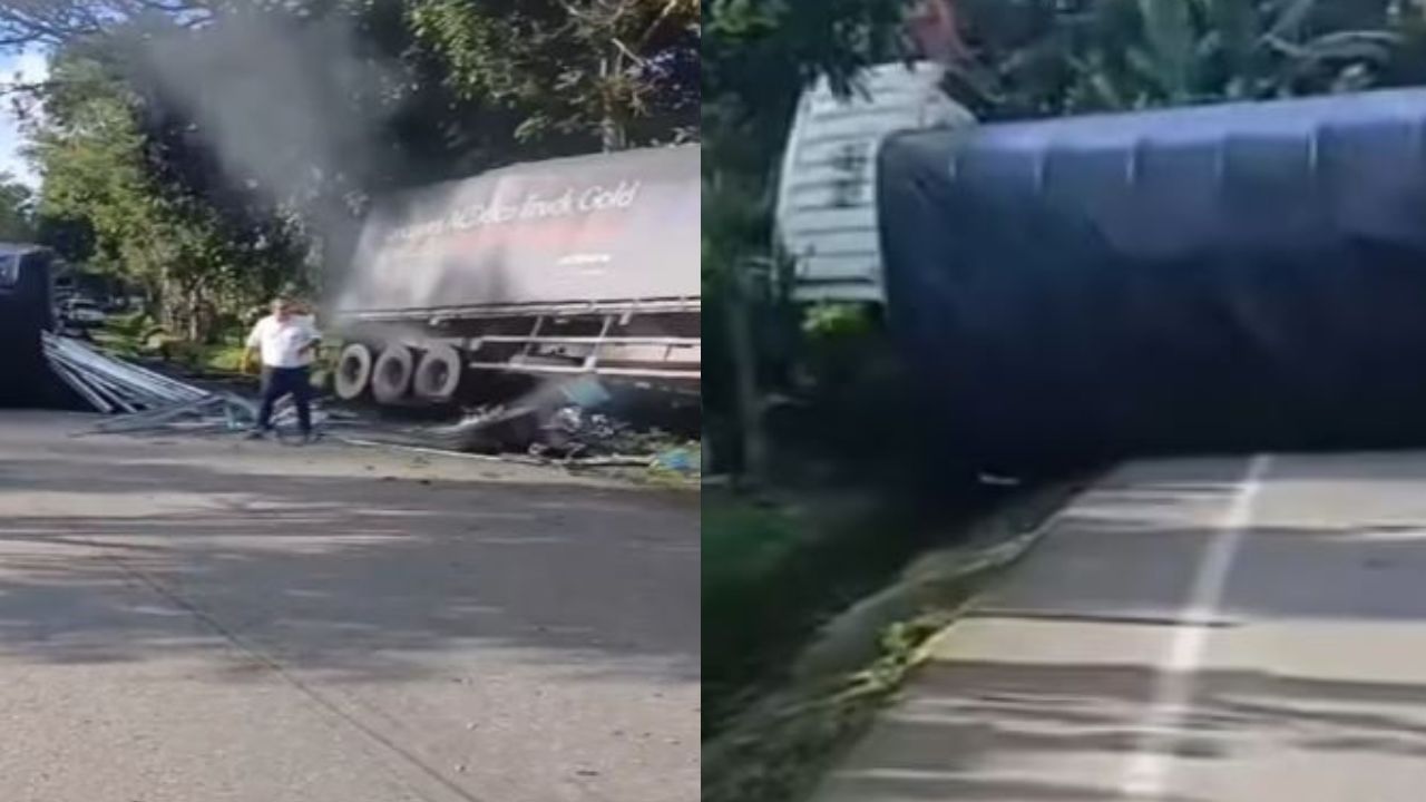 Choque y volcamiento de dos camiones cierran totalmente la vía Bucaramanga – Bogotá