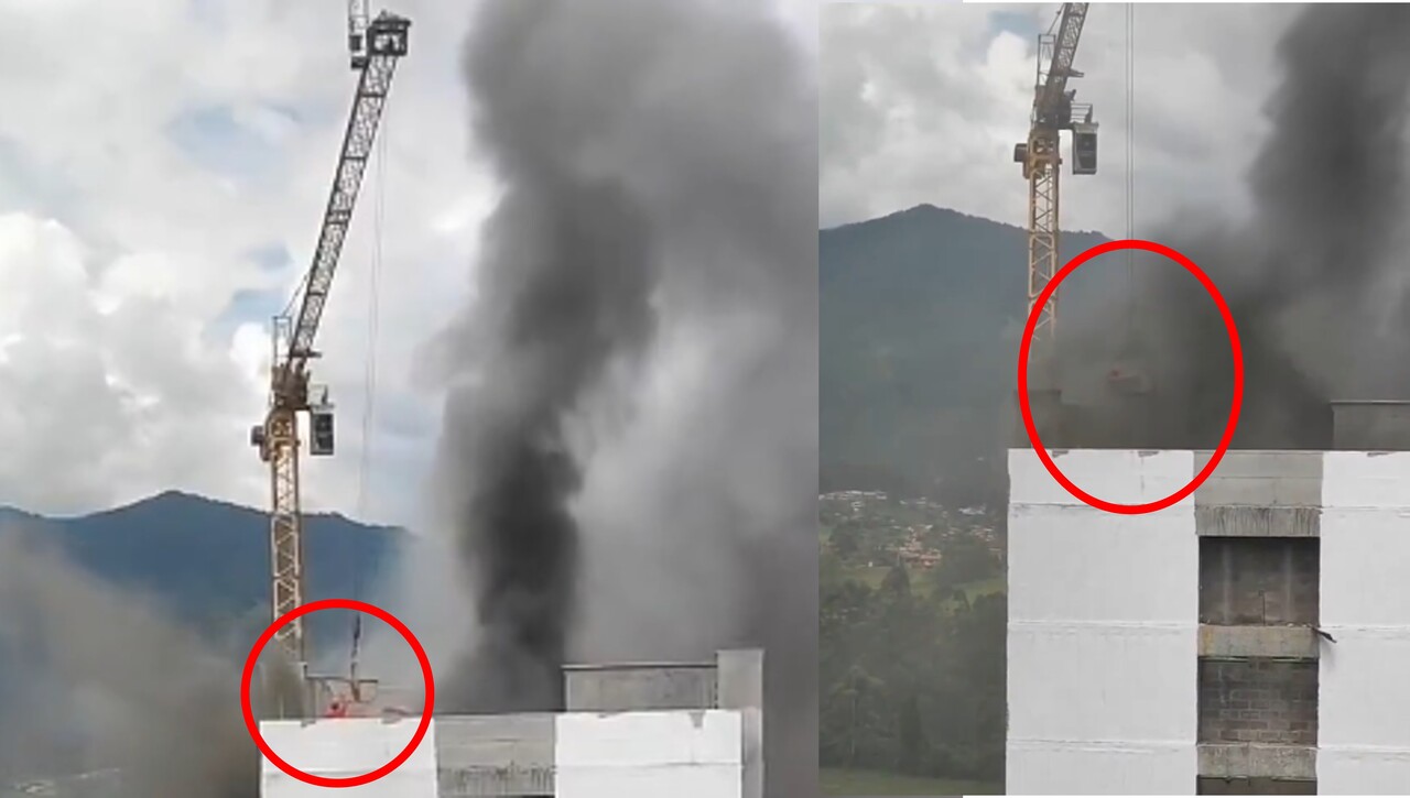 ¡Salvado de entre las llamas! Obrero es rescatado de una azotea por una telegrúa, en Caldas