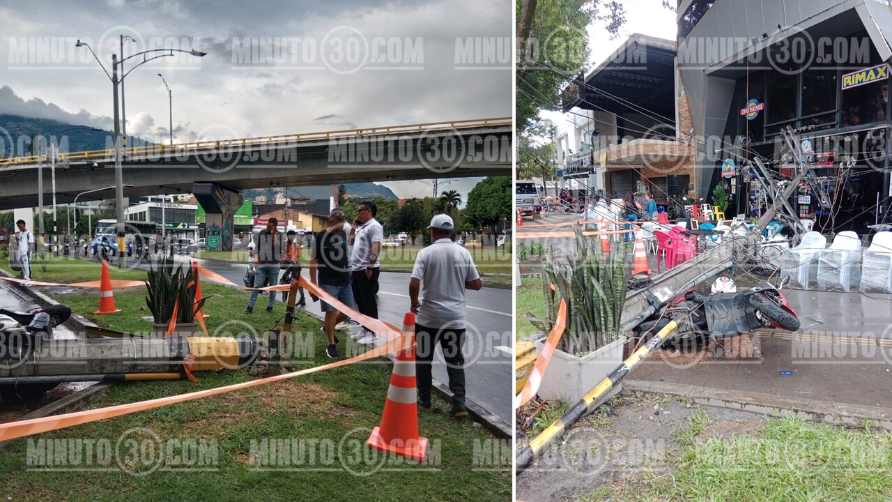 ¡Aplastó una moto! Se cayó un poste de luz en la avenida 80 con Colombia y hay video