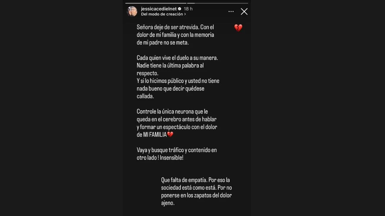 Jessica Cediel estalla contra Tuti Vargas tras críticas por el velorio de su padre: "Con el dolor de mi familia no se meta"