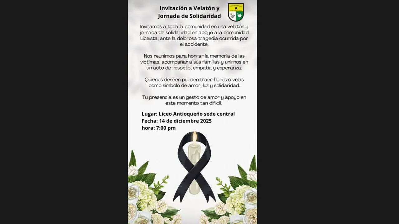 Liceo Antioqueño se pronuncia y convoca a velatón tras la tragedia que cobró la vida de 17 egresados