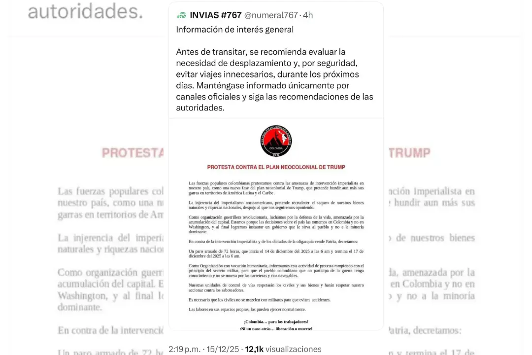 'Vuelve y juega': Invías citó comunicado del ELN durante paro armado y desató polémica