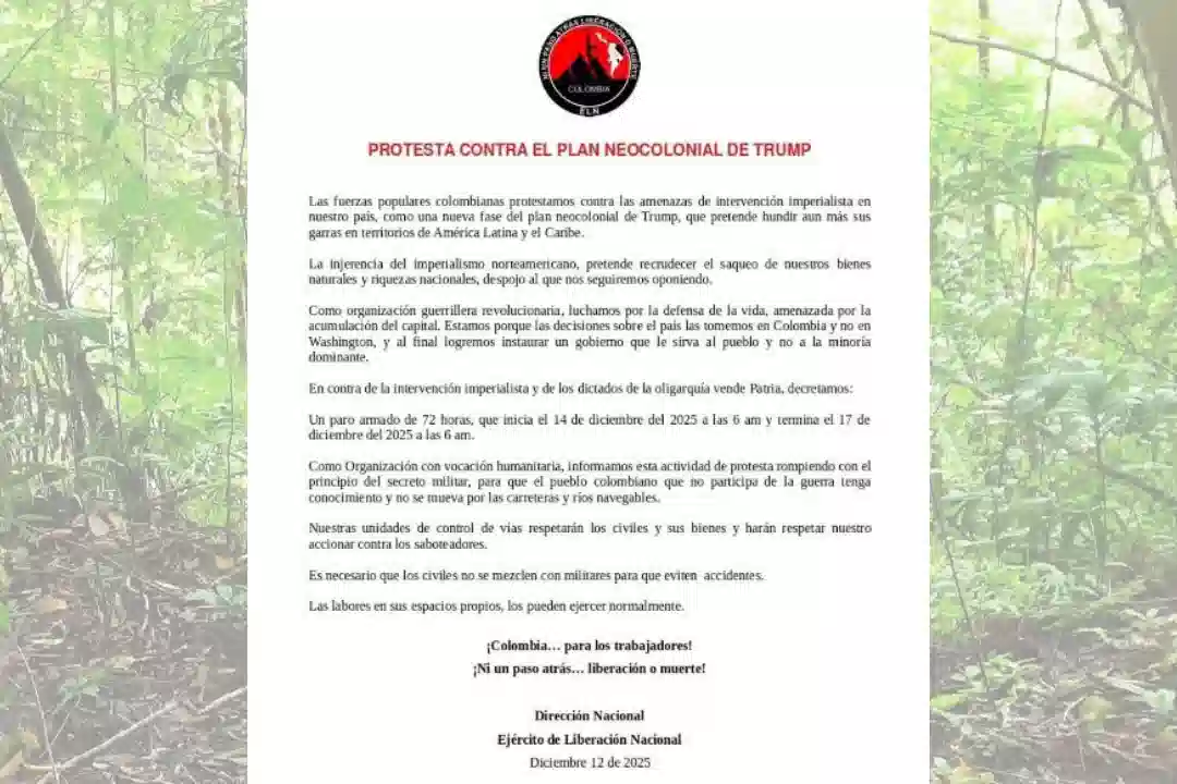 ELN anuncia paro armado de 72 horas en todo el país: ordena no viajar y habla de un ‘plan imperialista’