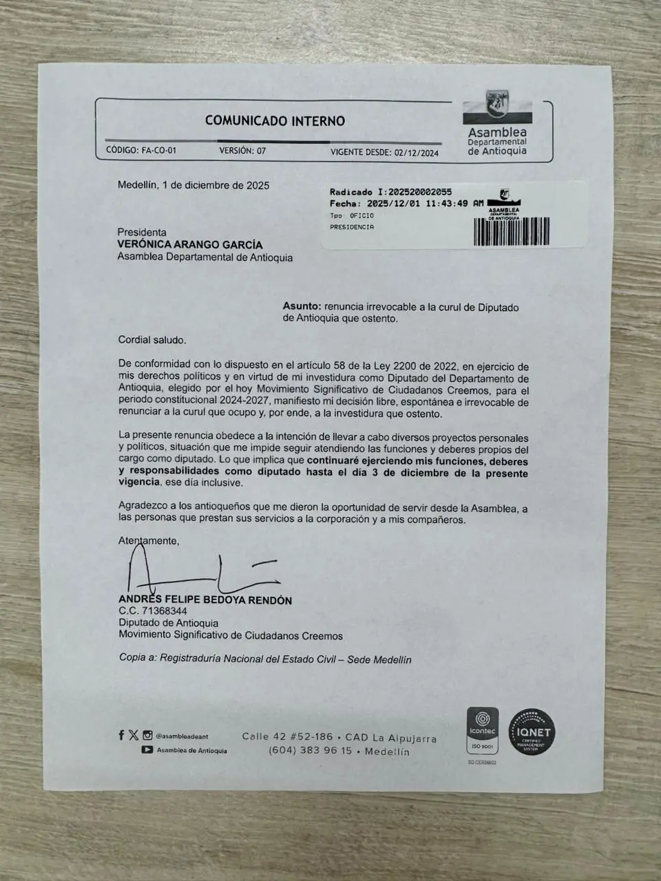 Carta de renuncia del diputado Andrés Bedoya