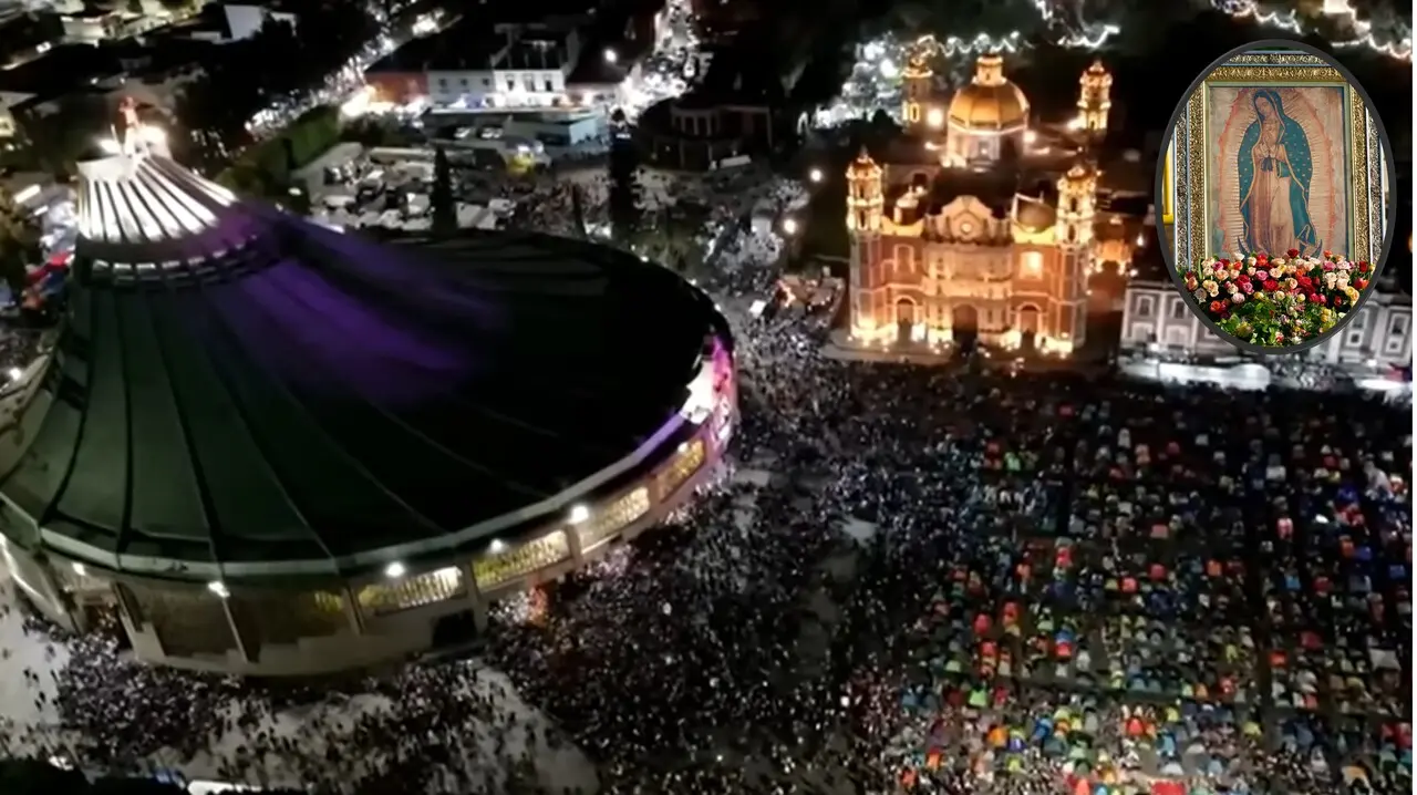 Vista aérea de la Basílica de la Virgen de Guadalupé, poco antes de las 12 de la noche, cuando se interpretan "las mañanitas" en honor de la "Emperatriz de América"
