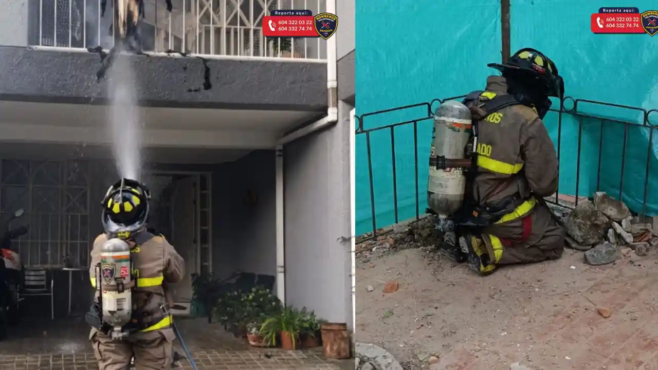 ¡Héroes con casco! Bomberos Envigado salvaron a un gato en medio de un incendio y atendieron escape de gas