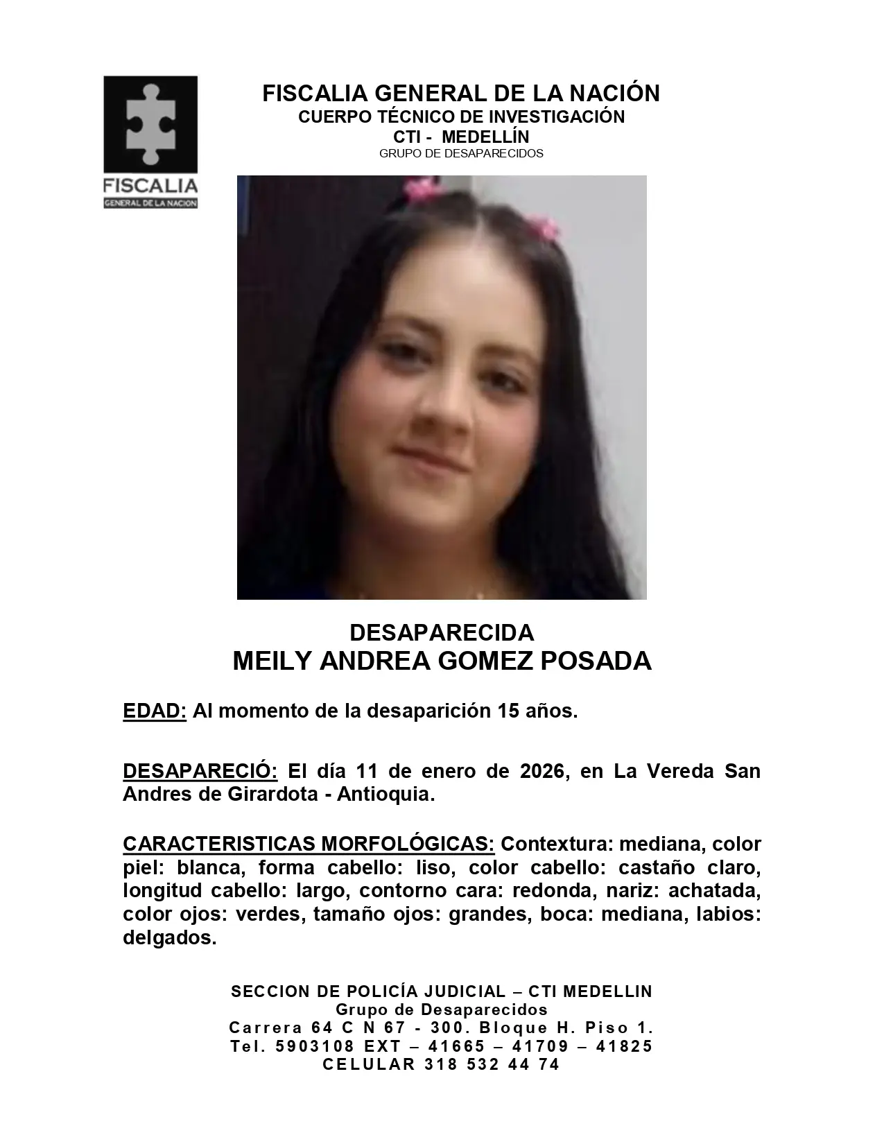 Buscan a Meily Andrea Gómez Posada, adolescente desaparecida en Girardota hace una semana