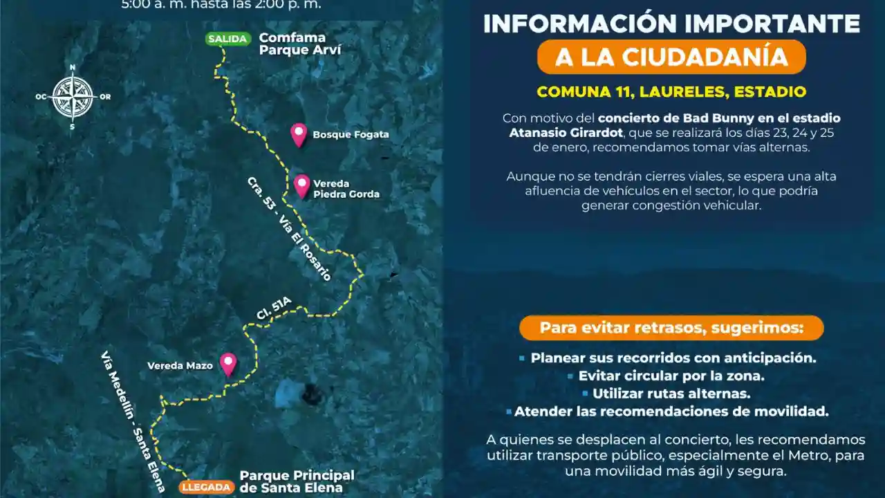 ¡Pilas! Medellín se prepara para el caos vial: medidas por Bad Bunny y cierres en Santa Elena