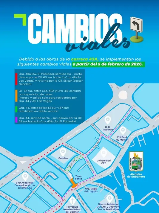 Cambios viales en Sabaneta, a partir del 5 de febrero