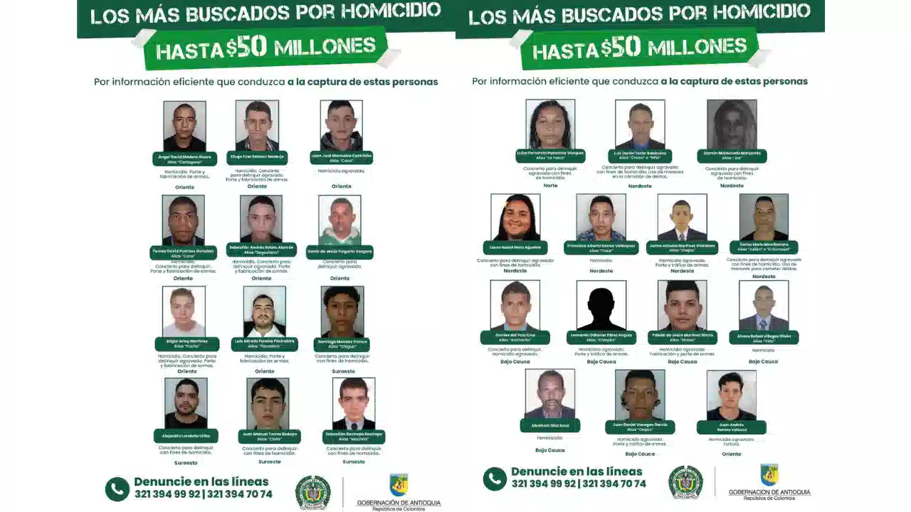 Antioquia lanza el cartel de los más buscados y ofrece millonarias recompensas