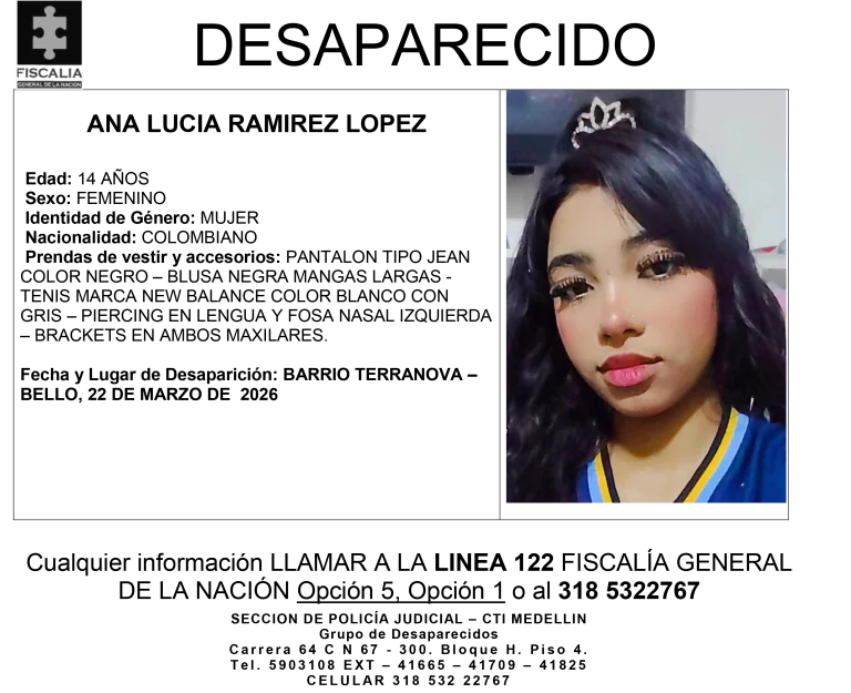 La menor Ana Lucía Ramírez desapareció en Bello