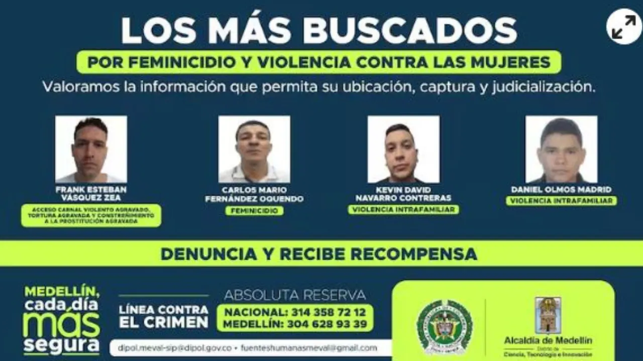 Revelan el cartel de los más buscados por feminicidio y violencia contra mujeres en Medellín