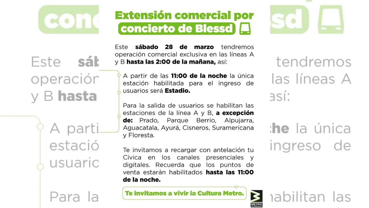 Metro de Medellín extenderá servicio por concierto en el Atanasio