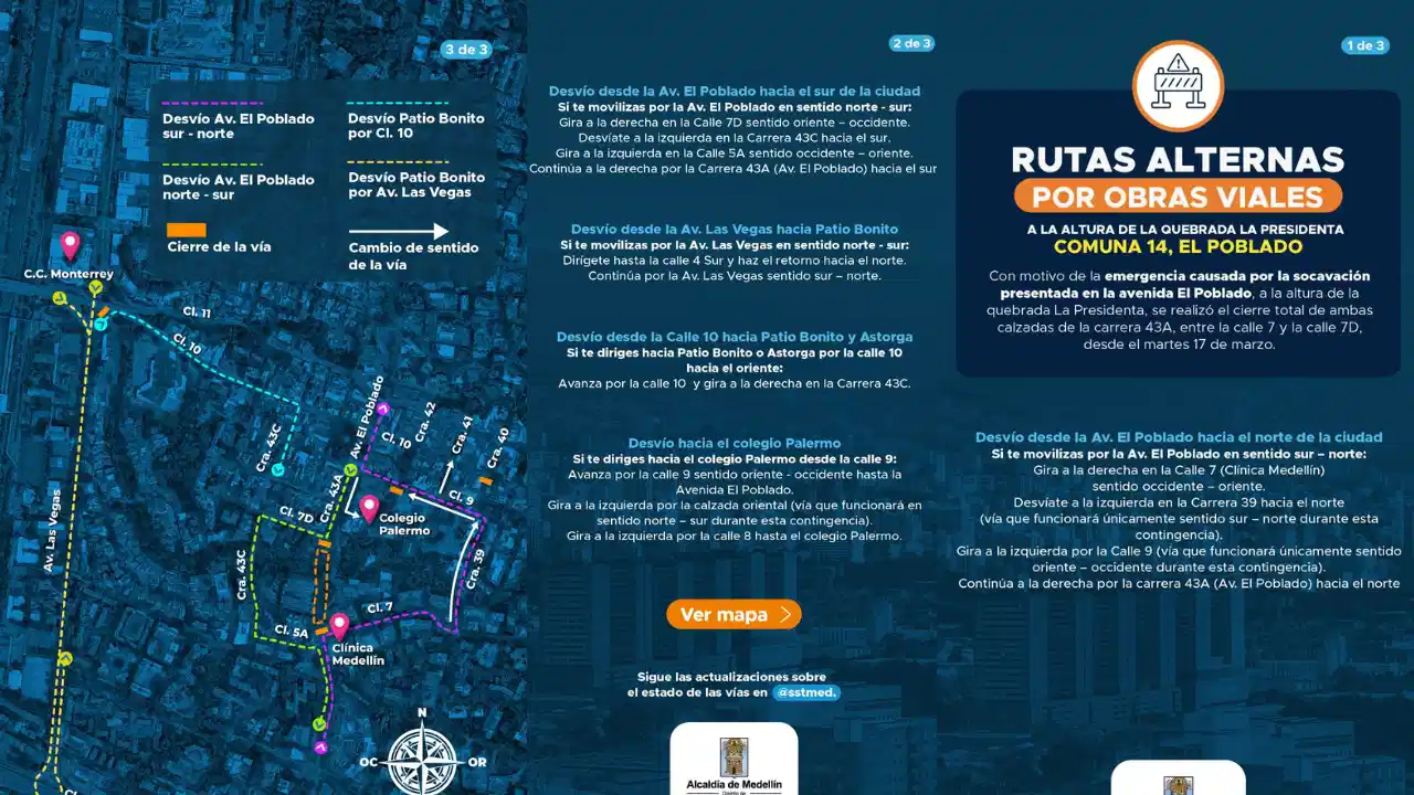 Caos vial en El Poblado: cierre total de la avenida obliga a usar rutas alternas